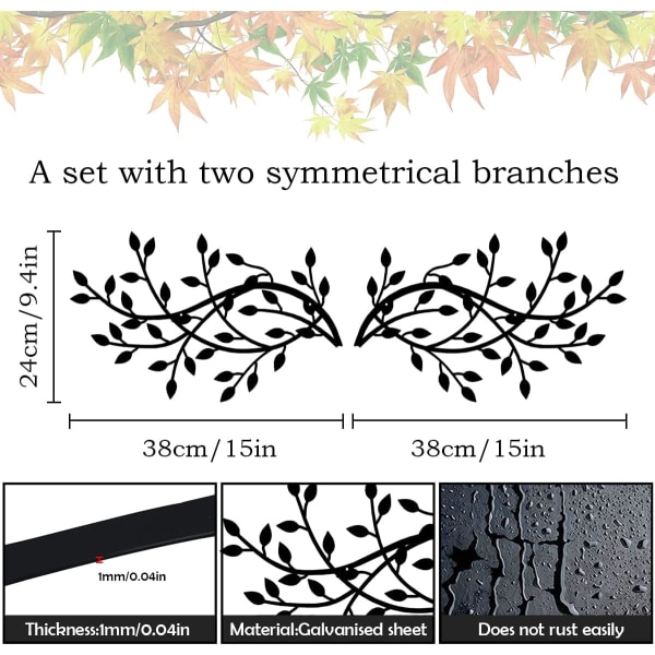 1 Pari Metalliset Puun Lehdet, Metalliset Puun Lehti Seinäkoristeet Oliivipuun Kuvio Musta (15 x 9,4 tuumaa)