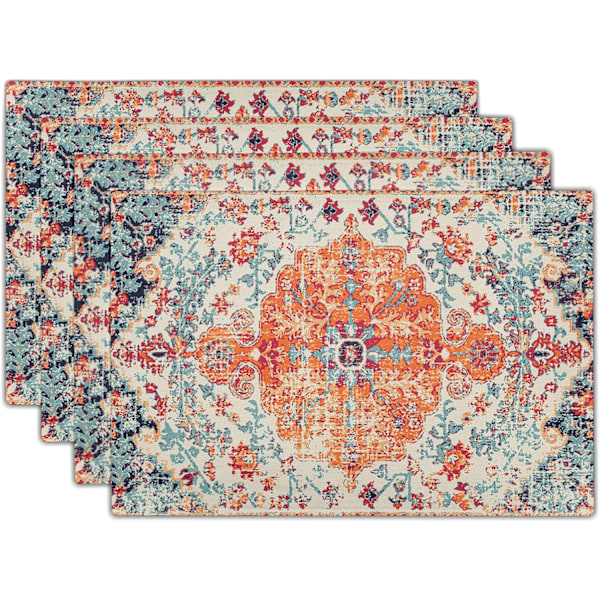 Etninen Boho-paikka-alustat, 4 kpl, Lounainen Oranssin, Sinisen ja Teal-väriset, Mattomainen Tekstuuri, Pellava, Pestävä, Keittiön ja Ruokapöydän Alustat