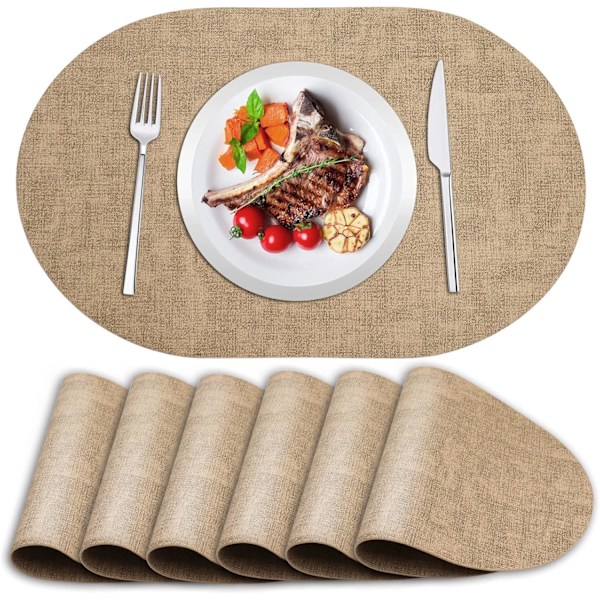 Camel Placemats Set om 6 - Dubbelsidig Konstläder Design Oval Placemats för Matbord Mattor Värmebeständig Vattentät