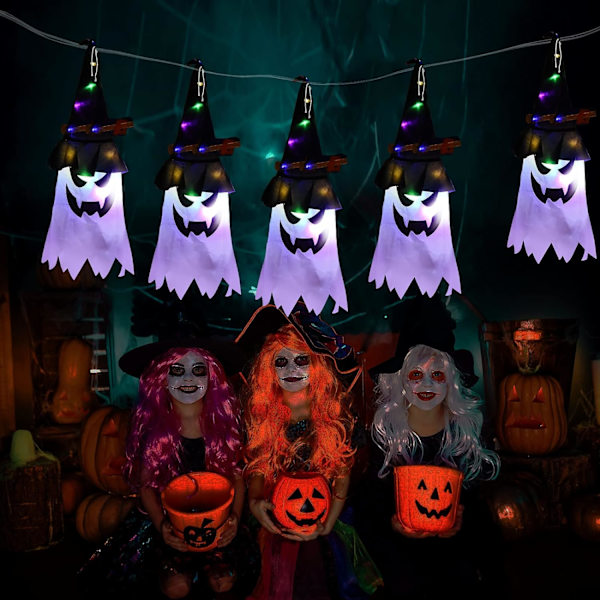 Halloween-kummituskoriste, 5 kpl Halloween-riippuva kummitusnoidan hattuvalo Halloween-koriste LED-valot