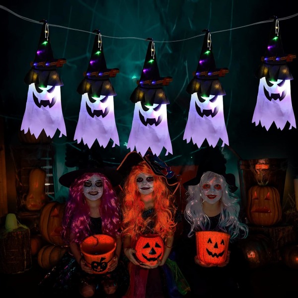 Halloween spøkelsesdekorasjon, 5 stk Halloween hengende spøkelse heksehatt lys Halloween dekor LED-lys