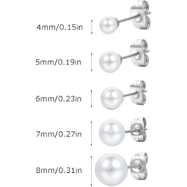 5 par øreringe Dame øreringe Hvide perle øreringe (4-8mm)