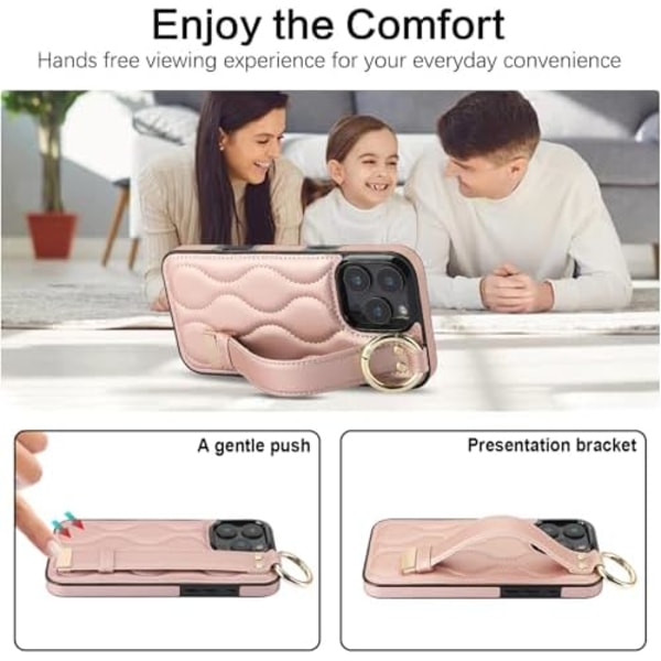 Apple iPhone 16 Pro Max Cover - Sød med Håndledsrem og Støttefod til Kvinder og Piger, PU Læder Håndledsrem Telefon Cover med Ring