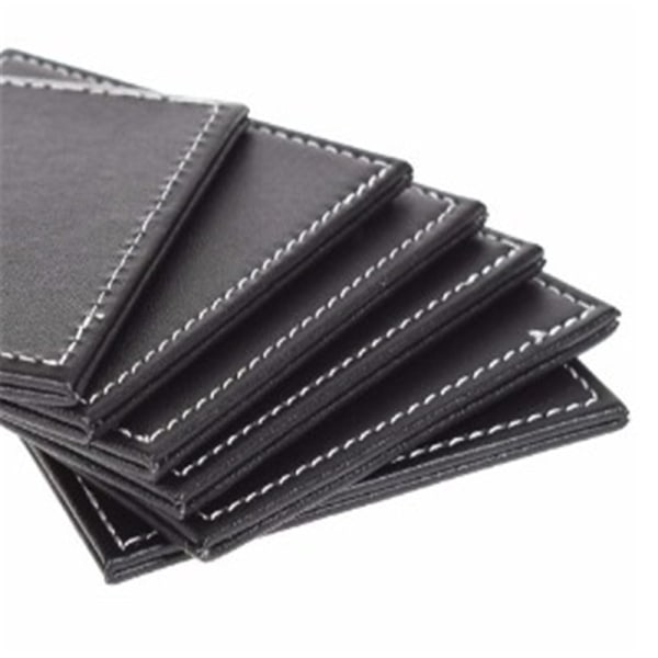 Coastersæt i imiteret læder (6 glasbrikker + 1 Torr), sort, kvadratisk