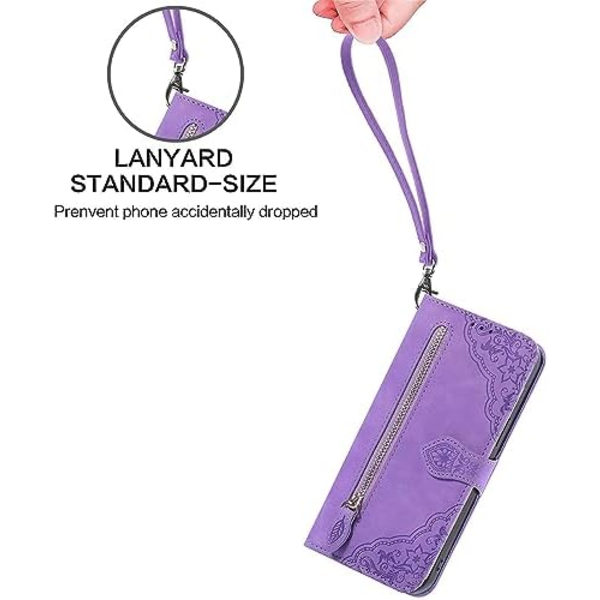Etuier til iPhone 16 Pro Max Pung Etui til Kvinder med Kortlomme Præget Blomst Lynlås Pung PU Læder Flip Cover w