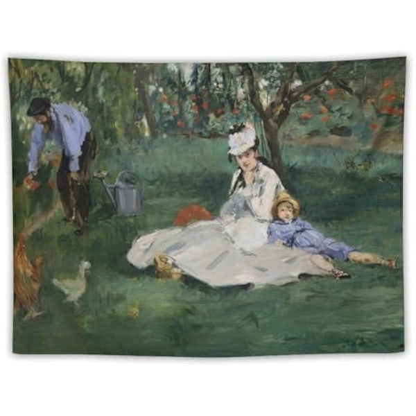 95x73cm Edouard Manet Gobeläng Monet-familjen i trädgården Impressionistisk konst Gobeläng Bildtryck Gobeläng Väggmålning