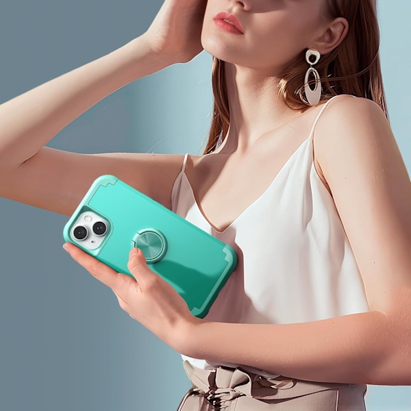 1 kpl iPhone 15 -kotelo 360° renkaalla, 2-in-1 iskunkestävä ultraohut hybridi Heavy D Mint Green