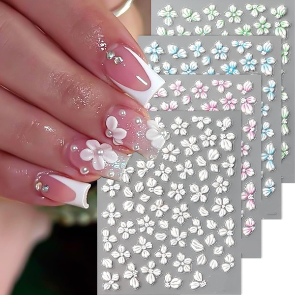 5D Präglade Blommor Nagelstickers för Nagelkonstdesign, 4 Ark Vår Körsbärsblom Blomblad Självhäftande Nageldekaler, Holografiska Sakura Folier