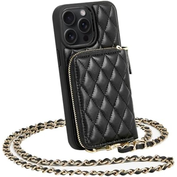 Plånboksfodral för iPhone 15 Pro Max 6,7 tum, Lyxigt Lamm-Mönstrat Quiltat Läder Crossbody Telefonfodral med Dragkedja för Kort