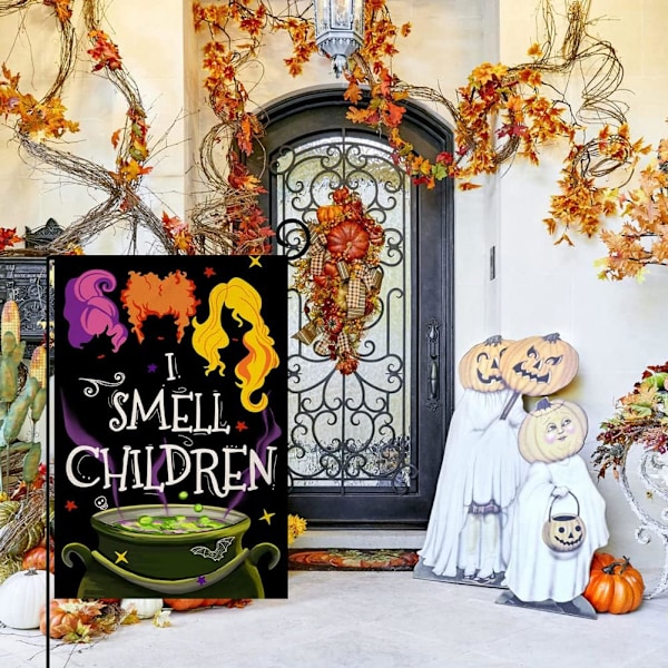 1 kpl Halloween-koristepuutarhalippu 12x18 Pysty, kaksisivuinen ”I Smell Children” Syksyn ulkokoriste Burlap Piha