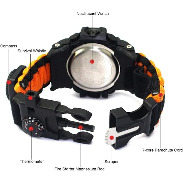 6-i-1 Överlevnadsarmbandsklocka för utomhus, nödsport vattentät armband Första hjälpen verktyg Orange Black