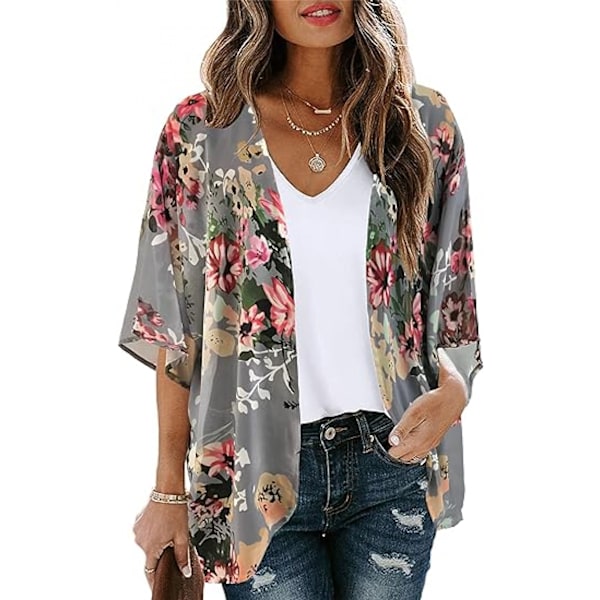 Kvinnors blommiga tryck puffärm, mörkgrå L-storlek Kimono Cardigan Lös omslag Casual toppar