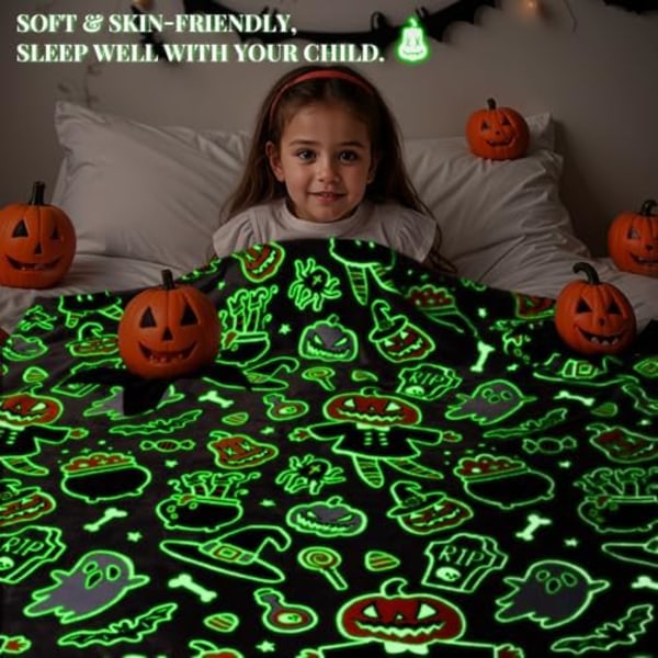 Halloween-peitto, pehmeä ja kevyt fleece-peitto, syksyinen kurpitsa-peitto, hehkuu pimeässä, lahja tytöille