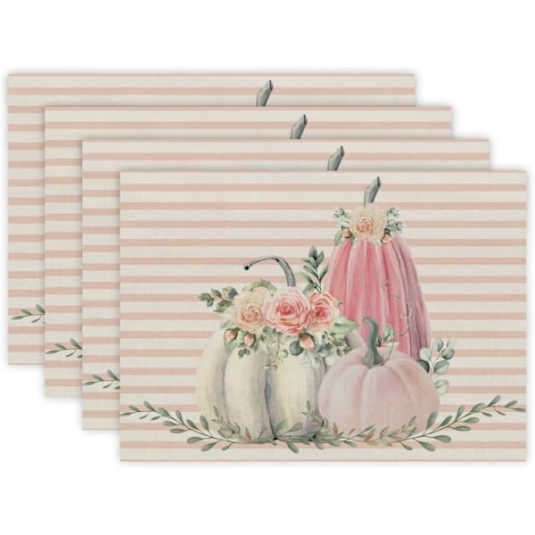 Set of 4 Pink Pumpkins Eucalyptus Fall Placemats , 12x18 Inch Autumn Thanksgiving Table Mats Stripe Farmhouse Floral Vin