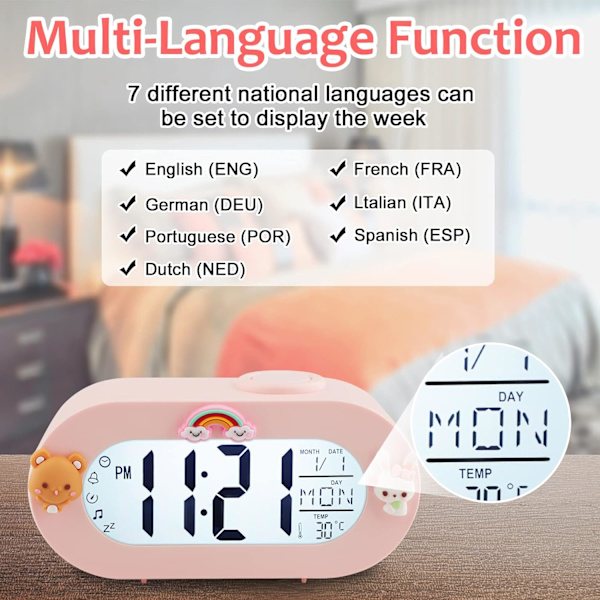 Digitalt vækkeur med snooze-funktion 8 ringetoner 12/24 timer,