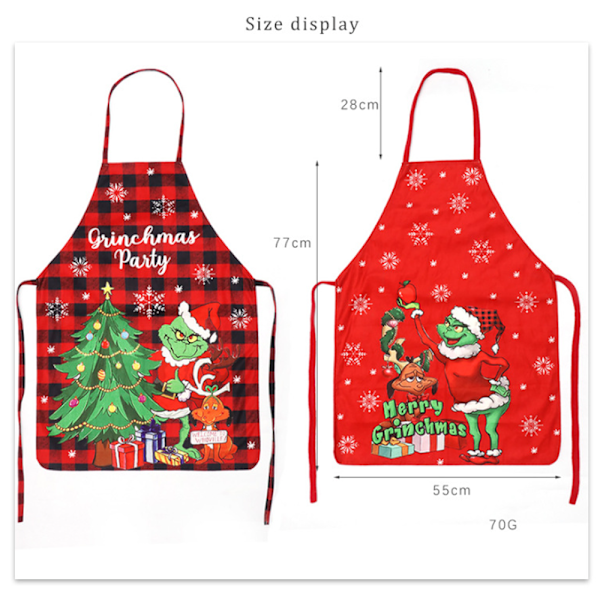1 st Grinch-förkläde för jul, tvättbart vuxenförkläde för kök med tomtemönster för köksdekor