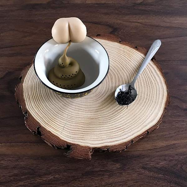 Te-filter i silikon, te-infuser i form av bæsj, te-sil i silikon, te-diffuser
