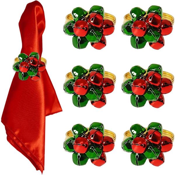 Set med 6 julbells servettringar, Jingle Bells servettringsspänne grön och röd julservett spännen hållare för