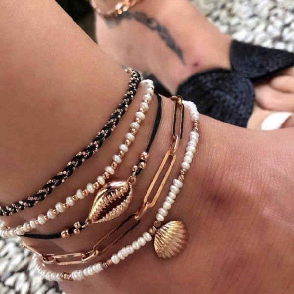 (svart) 5 st Boho pärlade fotled Multilayer Silver Anklet Chain Brtacelets Strand Accessori