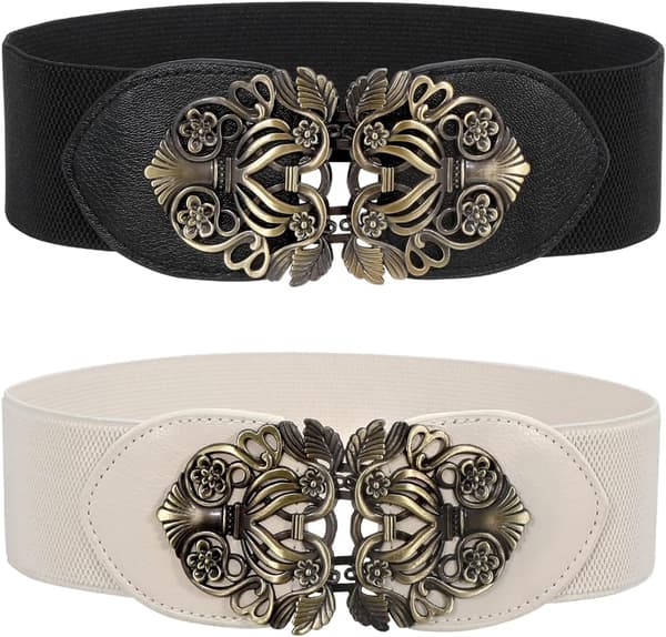 Vintage bred midjebälte för damklänning, elastiskt cinch-bälte med retro sammanlåsande spänne 2-pack