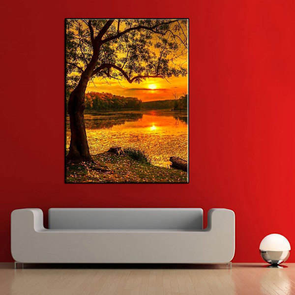 (30x40cm) Auringonlaskun maisema ja joenvarren puu timantti