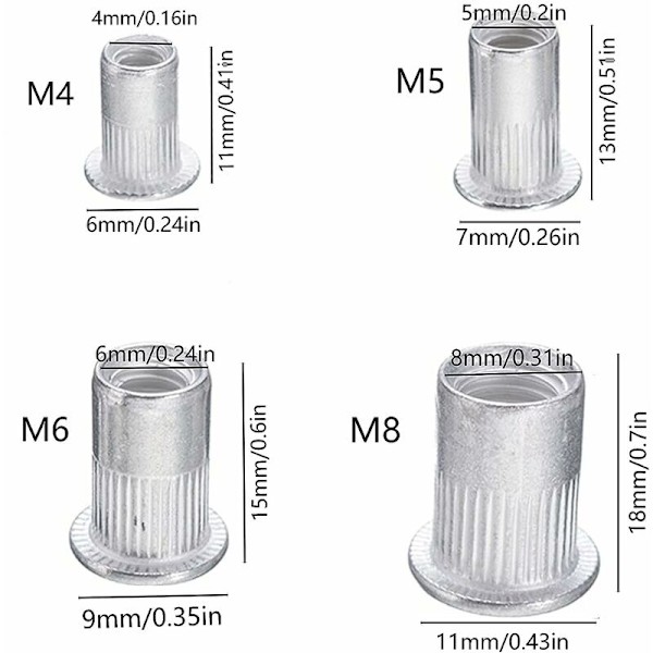 100 kpl M4 M5 M6 M8 puristusmutteria, kierteistetty insertti-niitti, ruostumaton