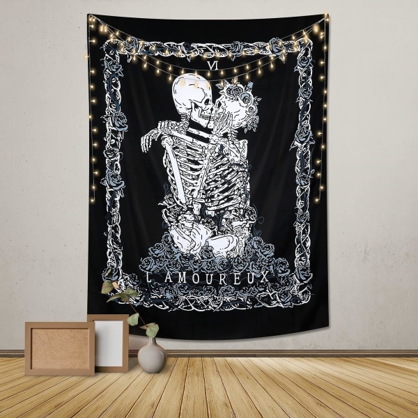 Halloween Skull Gobelin - The Kissing Lovers Skeleton Gobelin Veggteppe med Gotisk Rosekrans H