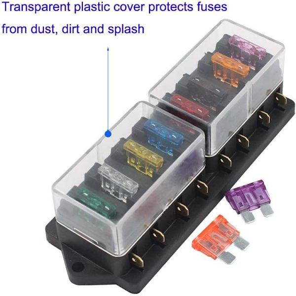 32V 40A 8-vejs standard sikringsboks, vandtæt 6,3 mm sikringsboksholder, med 10 stk. løse bladfuse (3A 5