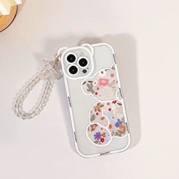 Yhteensopiva iPhone 15 Pro Max -kotelon kanssa, Selkeä söpö kukka- ja karhukuvio tytöille ja naisille, ketjunauha ranteeseen