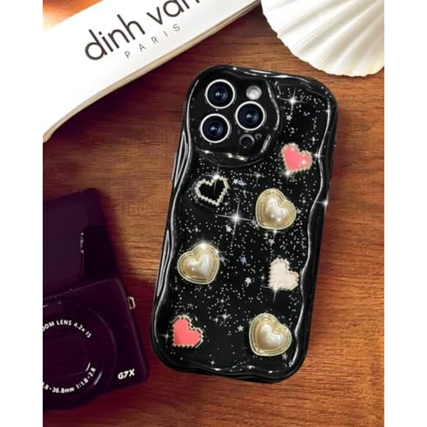 Fodral för tjejer och kvinnor - Söt flickaktig kärlekshjärta mobilfodral för iPhone 14 Pro Max Svart Glittrande Glansig Vågig Snygg Unik Design