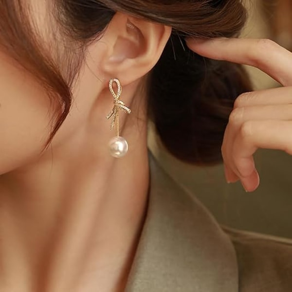 Sløjfe Perle Øreringe til Kvinder Krystal Sløjfe Øreringe Guld Sløjfeknude Hænge Øreringe Elegant Statement Perle Øreringe Smykkegaver