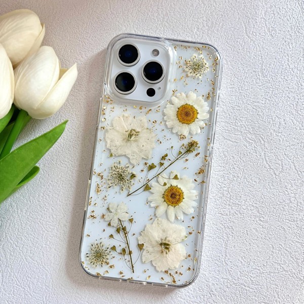 för iPhone 16 Pro Max Transparent Skal med Pressade Äkta Blommor Design, Glitter Sött Vitt Blommönster Slim Mjukt TPU Skyddande Fodral för Kvinnor Flickor