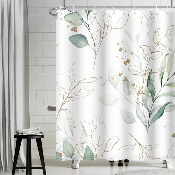 Anti-Mögel Duschdraperi, Duschdraperi 180x180cm Gröna Eukalyptusblad Guld Baddraperier Vattentätt Tvättbart Tyg Polyester Badrumsdraperier m