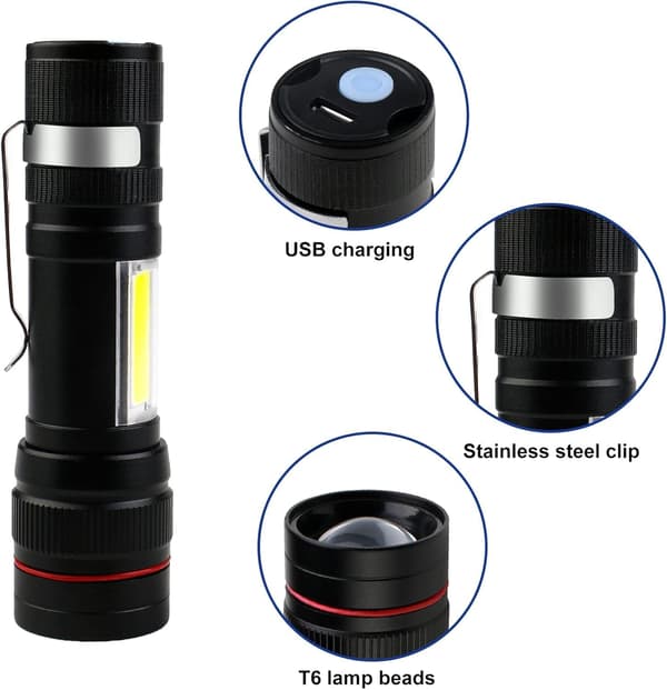 2 kpl LED-taskulamppuja - Mini USB ladattava taskulamppu - 3 tilaa - Kannettava - IPX5 vedenpitävä - Ulkokäyttöön