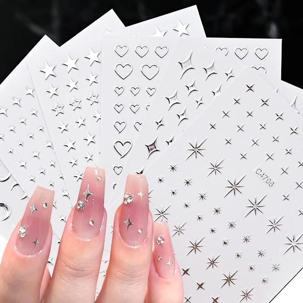 6 stk./sett Stjerne Negleklistremerker Metallisk Sølv Stjerne Negledekorasjoner for Neglekunst, Luksuriøs Effekt Hjerte Negleklistremerke 3D Glitter Skinnende Stjerne Måne Negledekorasjoner Sel