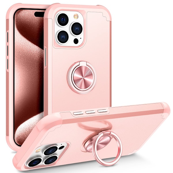 1 kpl iPhone 15 -kotelo 360° renkaalla, 2-in-1 iskunkestävä ultraohut hybridi Heavy D Rose Gold