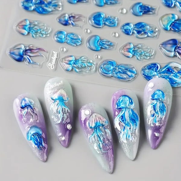1 ST Sommar Nagelkonst Klistermärken Dekaler 5D Präglade Maneter Nageldekaler Självhäftande Blå Marinliv Tema Nagelklistermärken Nagelkonst Tillbehör Sommar N