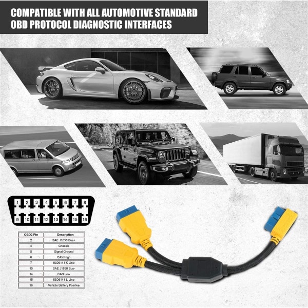 OBD-2 Adapter Splitterkabel - OBD-II 16 Pin 1 Hann til 2 Hun