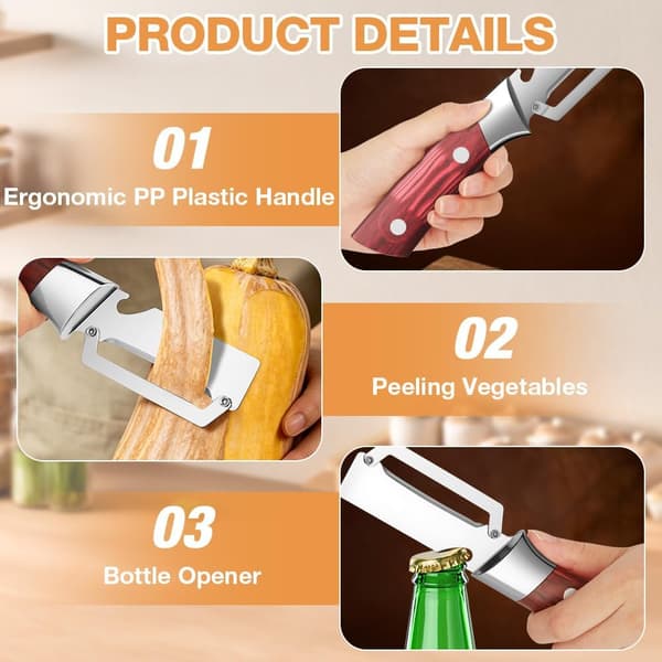 Sett med to rødbrune multifunksjonelle skrellere, skreller i rustfritt stål