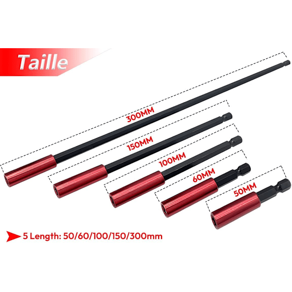 5 stk Magnetisk Bittholder, 50/60/100/150/300mm Lang Slagdriver Bittholder, 6.35mm Hex Schaft Skrutrekker Forlengelse