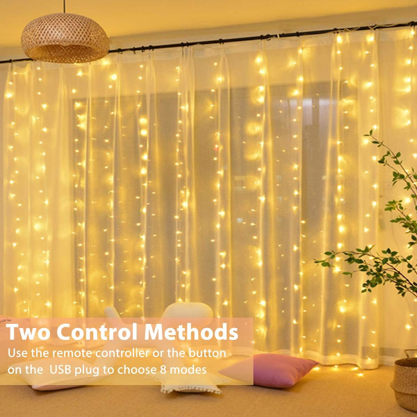 Gardiner med ljusslinga, 3x3m ljusslinga 300 LED, Timer Fjärrkontroll