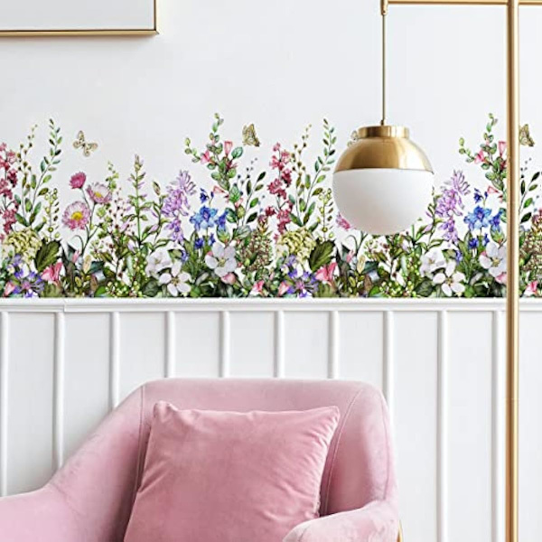 Stora Växtgräs Vägghörnsdekaler Blommor med Fjärilar Sockellist Väggdekaler för Sovrum Vardagsrum