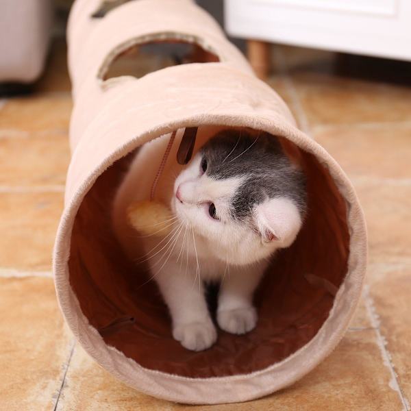 Vägtunnel för katt med 2 hål, mjuk hopfällbar kattunnel med hängande leksak