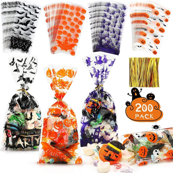 200 pakker Halloween Cellophane godteriposer, Halloween flaggermus, gresskar og hekser godteriposer med vri