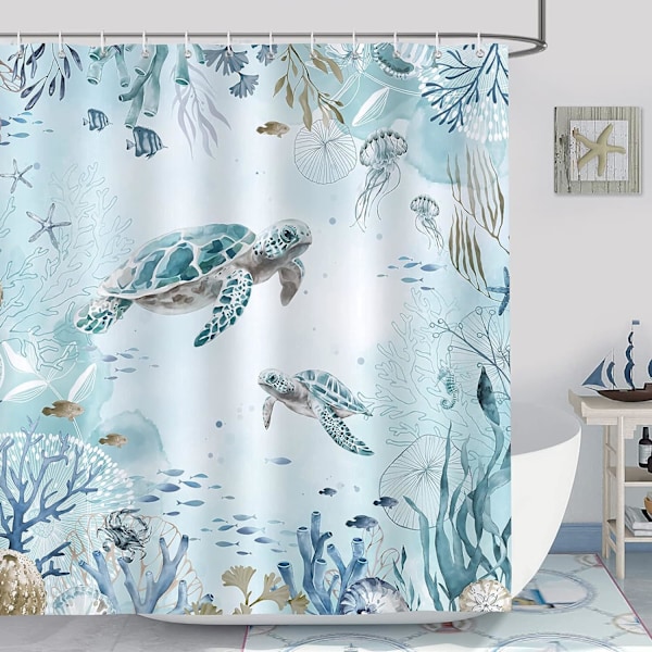 180 x 180 cm Havskildpadde Bruseforhæng Ocean Blå Tang Badeforhæng Polyesterstof Anti-skimmel Vandafvisende Vaskbar B