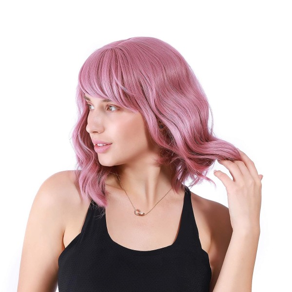 Pastell Bølget parykk med Air Bangs Rosa Korte parykker for kvinner Curly