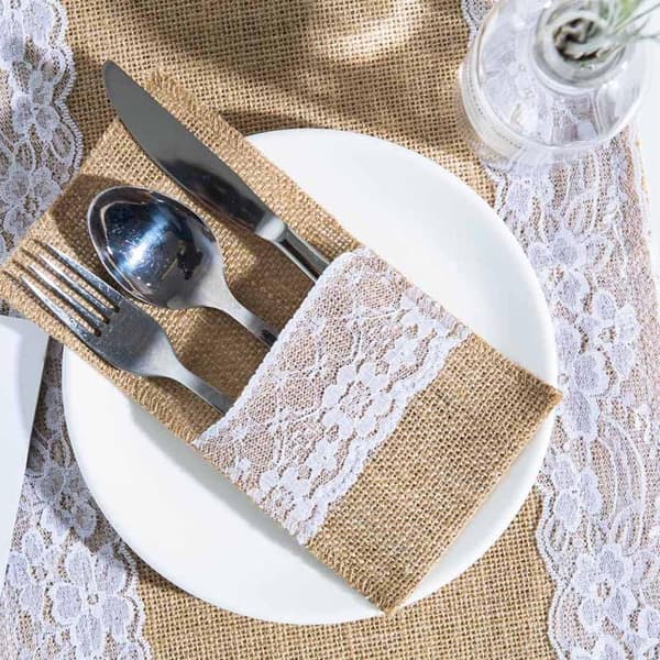 20 st Burlap Spets Bestickhållare Silverware Bestickficka Knivar