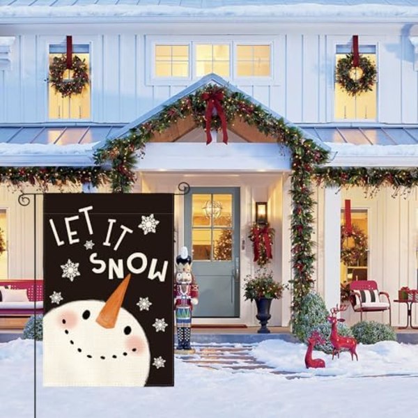 Let It Snow Lumikolon ja Lumihiutale Puutarhalippu 12 x 18 Tuumaa Kaksisivuinen Ulkona, Joulu Talvi Loma Piha Ulkokoriste