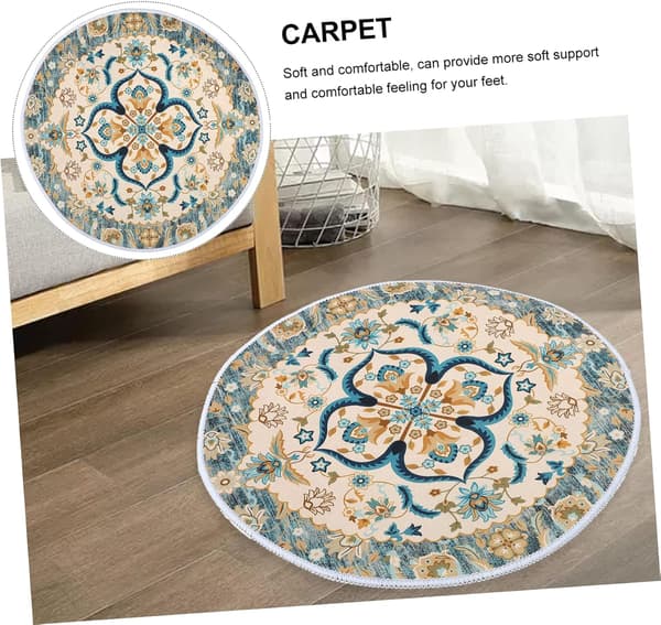 Rundt polyestertæppe med trykt design, slidstærkt til elegant boheme-stil interiør, velegnet til køkken og badeværelse