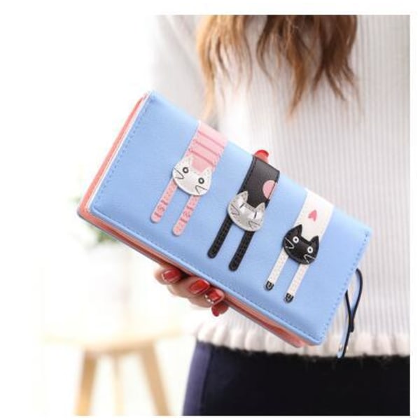 Mini Falskt Läder Bifold Söt 3 Katter Blixtlås Clutch Väska Underbar Lång Söt Katt Plånbok Handväska för Blue